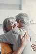 © Daniel - Happy mature couple in love embracing, laughing grey haired husband and wife with closed eyes, horizontal banner, middle aged smiling family enjoying tender moment, happy marriage, sincere feelings.