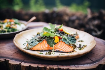 Poster - baked salmon with a crust of herbs served on bark plate