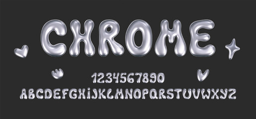 Wall Mural - 3d chrome liquid font in y2k style isolated on a dark background. Render of 3d metal inflated alphabet and numbers with glossy silver effect. 3d vector y2k typography letter.