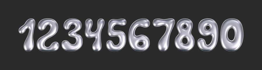 Wall Mural - 3d chrome liquid font in y2k style isolated on a dark background. render of 3d metal inflated number