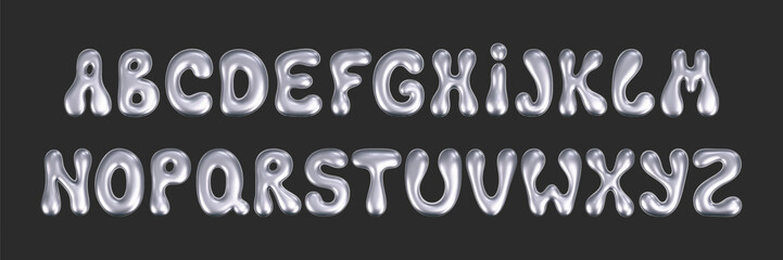 Wall Mural - 3d chrome liquid font in y2k style isolated on a dark background. Render of 3d metal inflated alphabet with glossy silver effect. 3d vector y2k typography letter.