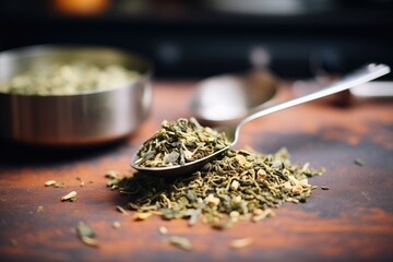 Canvas Print - loose green tea leaves with a metal scoop