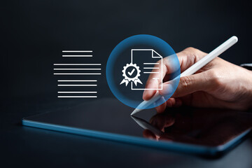 Leinwandbilder - Quality Certificate and Checklist document analyst target marketing planning assignment with quality management. Standardization, certification. Compliance to regulations service and standards.
