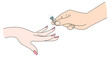 Man putting a diamond ring on woman’s finger. Vector illustration
