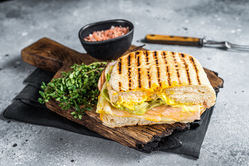 Wall Mural - Toasted Panini sandwich with Prosciutto ham and cheese. Gray background. top view