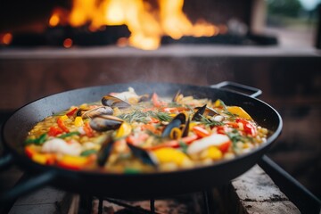 Poster - paella cooking over a traditional wood fire, flames visible