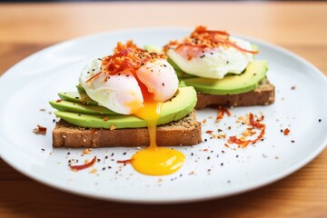 Wall Mural - poached eggs on avocado toast garnished with chili flakes