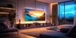 A modern living room at dusk, with warm lighting and a large TV displaying a mountain landscape scene.