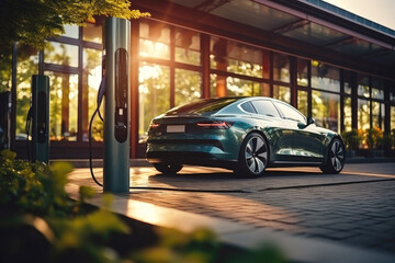 Modern fast chargers for electric vehicles to charge the car in the park. Eco-friendly transport concept.