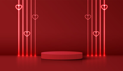 Happy valentines day and stage podium decorated with heart shape. pedestal scene with for product, cosmetic, advertising, show, award ceremony, on red background and light. vector design.