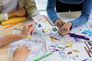 Wall Mural - close up ux developer and ui designer brainstorming interface wireframe design. creative digital dev
