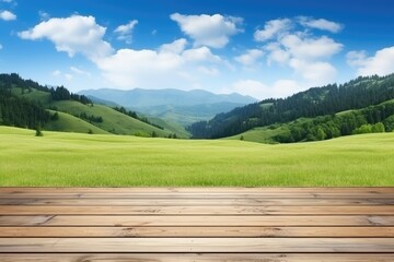 Sticker - A wooden table on the background of a mountain landscape. Blank, template. Copy space.