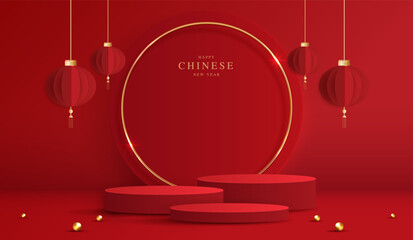 Wall Mural - Podium stage chinese style for chinese new year and festivals or mid autumn festival with red background. mock up stage with festive lanterns and clouds. vector design.