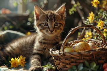 Wall Mural - Basket with coloured eggs on the Green Spring Meadow. Next to the sitting little cats. AI generative.