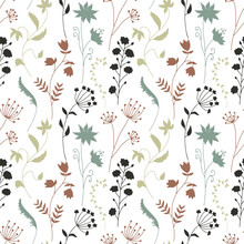 Seamless Pattern With Colorful Wildflowers Silhouettes On White Background. Vintage Ditsy Floral Repeat Pattern