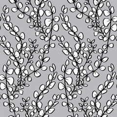 Monochrome seamless pattern with tropical leaves on gray background. Line art botanical wallpaper