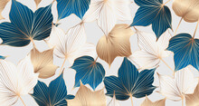 Botanical Luxury Vector Background With Gold, Blue And White Leaves. Botanical Card, Cover Design.