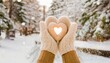 female hands in beige knitted mittens with a heart of snow on a winter day boho background winter wonderland valentines day holidays christmas xmas