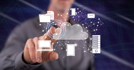 Wall Mural - man touching a cloud computing concept