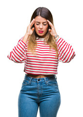 Wall Mural - Young beautiful woman casual stripes winter sweater over isolated background with hand on head for pain in head because stress. Suffering migraine.