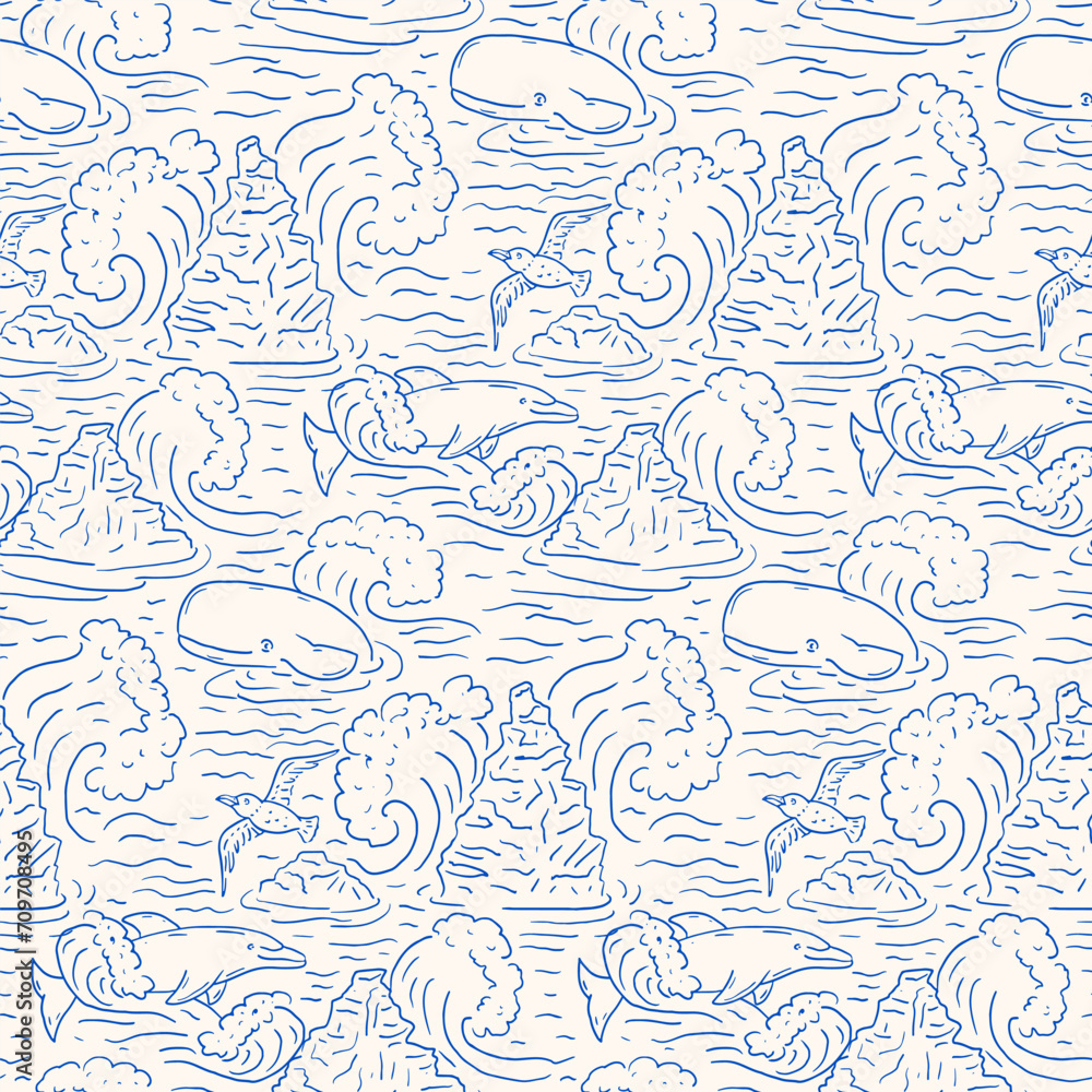 Seamless pattern with waves and sea life. Hand drawn style kids room ...
