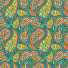 Seamless Pattern With Colorful Paisley Motifs On Green Background. Traditional Indian Repeat Design.