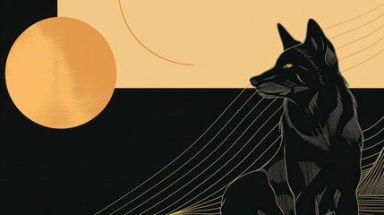 Wall Mural - A black dog sitting on a white background with gold lines, AI