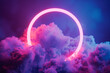 Neon pink colored ring in a cloud, abstract art background