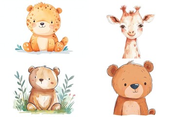 Wall Mural -  watercolor cartoon illustration collection set, cute baby animals, isolated on white background, idea for sticker and junk journal clipart, Generative Ai