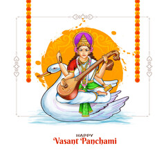 Wall Mural - Happy Vasant Panchami festival celebration card with goddess Saraswati illustration