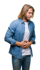 Poster - Young handsome man with long hair over isolated background with hand on stomach because nausea, painful disease feeling unwell. Ache concept.