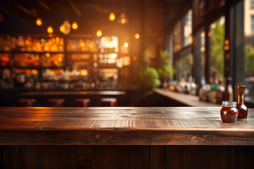 Rustic empty wooden table. Vintage pub interior. Dark wood counter.