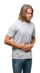 Poster - Young handsome man with long hair over isolated background with hand on stomach because nausea, painful disease feeling unwell. Ache concept.