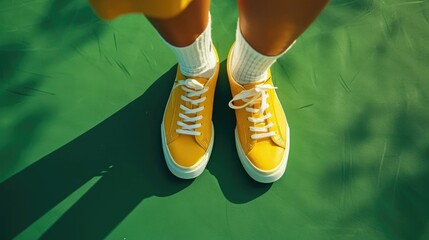 Close up photo of legs in pair of yellow sneakers with white socks on green surface, tennis court in bright sunlight.