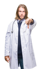 Poster - Young handsome doctor man with long hair over isolated background looking unhappy and angry showing rejection and negative with thumbs down gesture. Bad expression.