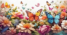 A Lush Garden Alive With Fluttering Butterflies. Show Vibrant Flowers Attracting A Kaleidoscope Of Butterfly Species, With Intricate Details Of Their Colorful Wings.  - Generative AI