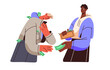 Hypocrite hiding greed to wealth. Greedy impostor, rich liar pretends beggar, begging money. Hypocrisy in fake friendship. Dishonesty concept. Flat isolated vector illustration on white background