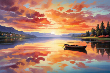 Wall Mural - a lake and sunset sky nature background