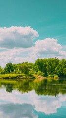 Wall Mural - Pan Panorama Hyperlapse Summer Cloudy Sky Above Summer River Landscape Lake. Time lapse. Timelapse. Sky Clouds Reflections In Water.