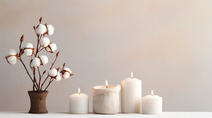 The cotton shoots in the vase with candles, in the style of modern minimalist, gentle color palette, minimalist backgrounds, norwegian nature, rounded, chic simplicity, natural simplicity

