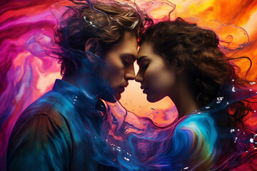 Wall Mural - Generative ai fantasy surreal image of romantic story people in love on colorful background