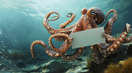 Cute pink octopus 3d cartoon with blank sign in his tentacles underwater