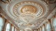 Interior of luxury chandelier lighting on marble white cream gold ceiling