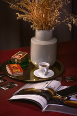 Wall Mural - Blurred predictions background. Tarot cards layout on witch table.