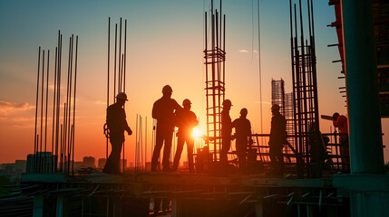 construction team discussing blueprints at sunrise, silhouettes against the dawn sky on the building