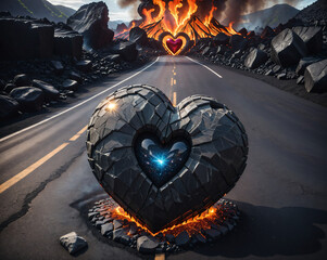 Wall Mural - a huge rock in the shape of a flaming heart fell right onto the highway. Generated AI.