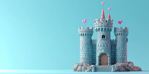 Wall Mural - Magic grey Princess Castle with pink heart. Cartoon Style. Children’s game. Games. Fantasy kingdom. Toy. 3D Illustration for book. Copy space for text. Valentine’s Day Card. Love. Isolated on blue