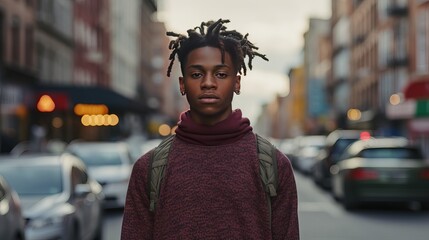 Low view of a focused young black male remote worker using a laptop in a contemporary cafe while conversing on a smartphone and sporting a stylish suit.