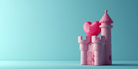 Wall Mural - Magic Pink Princess Castle with red heart. Cartoon Style. Children’s game. Games. Fantasy kingdom. Toy. 3D Illustration for book. Copy space for text. Valentine’s Day Card. Love. Isolated on blue