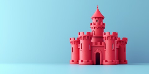 Wall Mural - Magic red Princess Castle. Cartoon Style. Children’s game. Games. Fantasy kingdom. Toy. 3D Illustration for book. Copy space for text. Valentine’s Day Card. Love. Isolated on blue